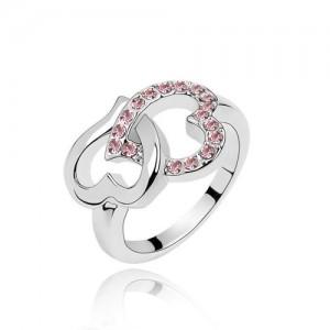 供应新款时尚双心水晶戒指批发，心连心4069-6水晶戒指生产