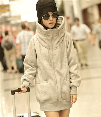 供应20515灰色韩版女装秋冬新款爆款连帽长款抓绒加厚卫衣图片