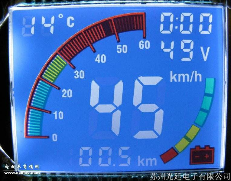 供应电动车仪表HTN正显液晶屏，配带蓝色背光源，蓝底黑字显示效果