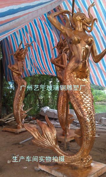 金色美人鱼雕塑树脂美人鱼圆雕批发
