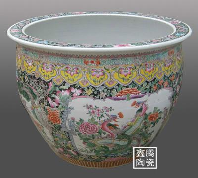 供应粉彩花鸟大缸-陶瓷缸订做 手工1.2米陶瓷缸