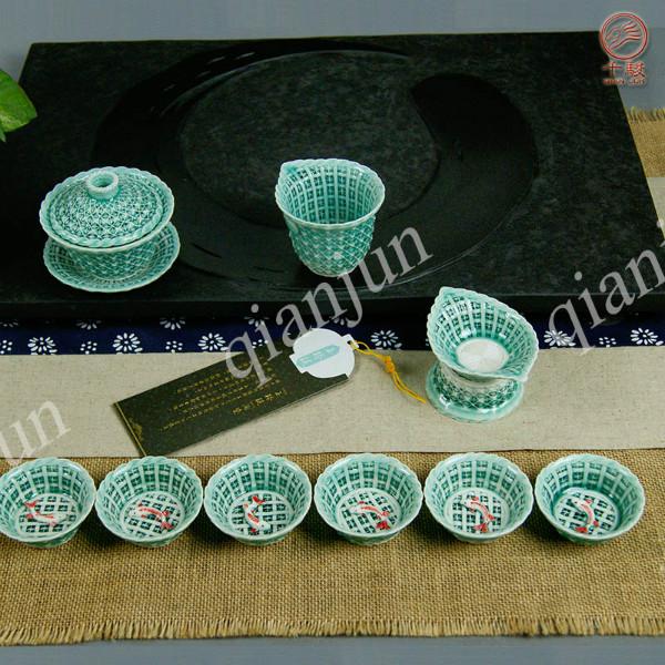 供应创意陶瓷手工编织玲珑功夫茶具套装绿色宽杯带锦鲤