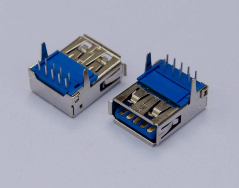 供应最新USB3.0连接接口 90°插板式DIP直脚蓝胶芯有边