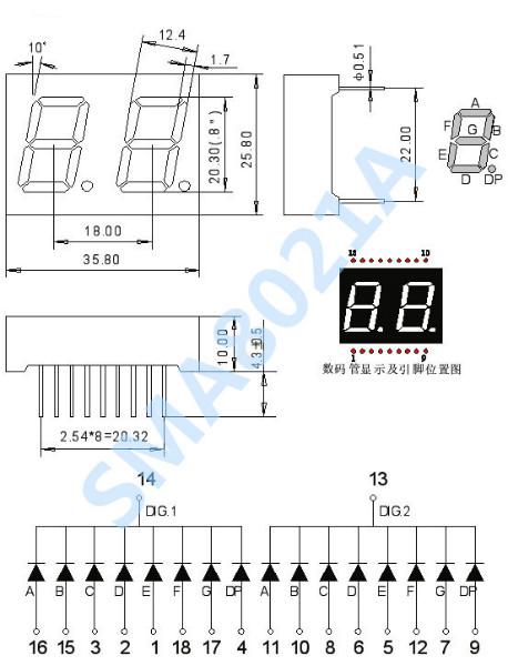 供应0.8寸二2位数码管静态18脚黄绿光共阴共阳北京数字仪器仪表显示厂家