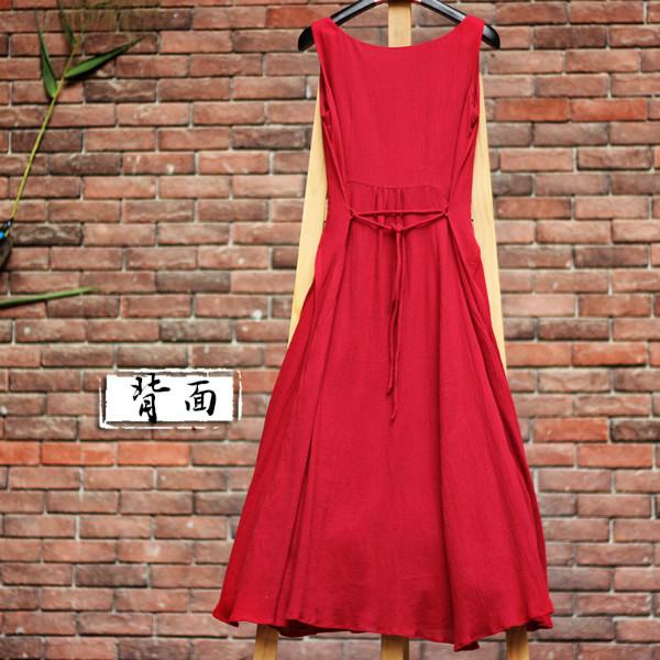 深圳市中式红色棉麻连衣裙森女风修身长裙厂家